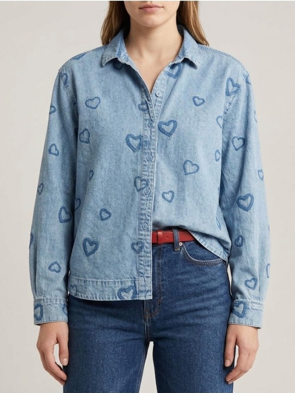 🛍Jane & Delancey Heart Embroidered Blue Denim Button Front Shirt Ladies Large